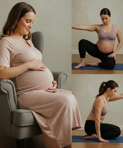 Pregnant woman doing gentle yoga while a certified instructor offers posture support in peaceful indoor studio