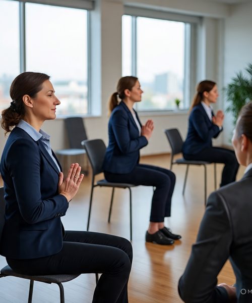 Employees participating in guided meditation session during mindfulness wellness hour at Hyderabad office