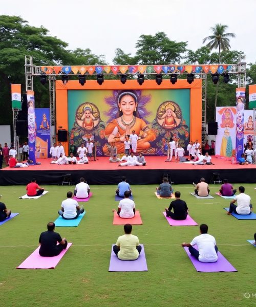 Experienced yoga coach addressing a wellness seminar with live yoga demos in Hyderabad
