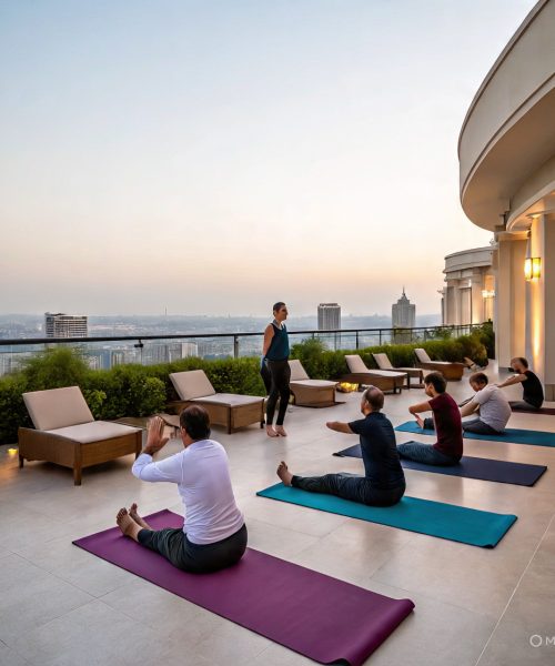 Yoga trainer leading a luxury rooftop sunrise yoga event in Hyderabad’s hotel setting