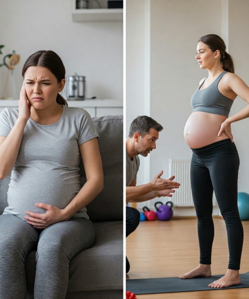 Pregnant woman attending live prenatal yoga session online with mobile device