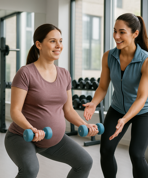 Certified female yoga instructor guiding pregnant woman at home in Hyderabad